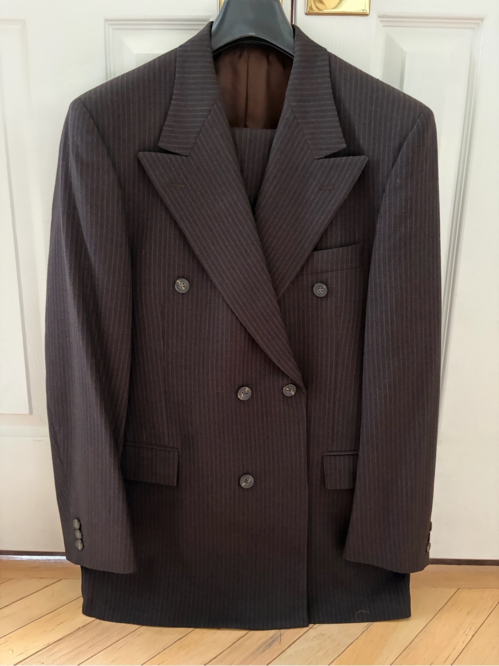 Men's Double-Breasted Pinstripe Suit Jacket and Pants - Dark Brown